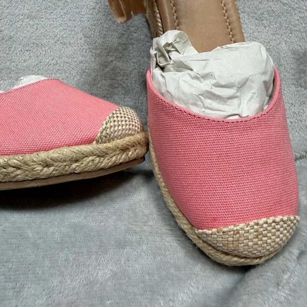 Journee Collection Coral Pink Canvas Espadrille Wedge Lace Up Sandals 7WD